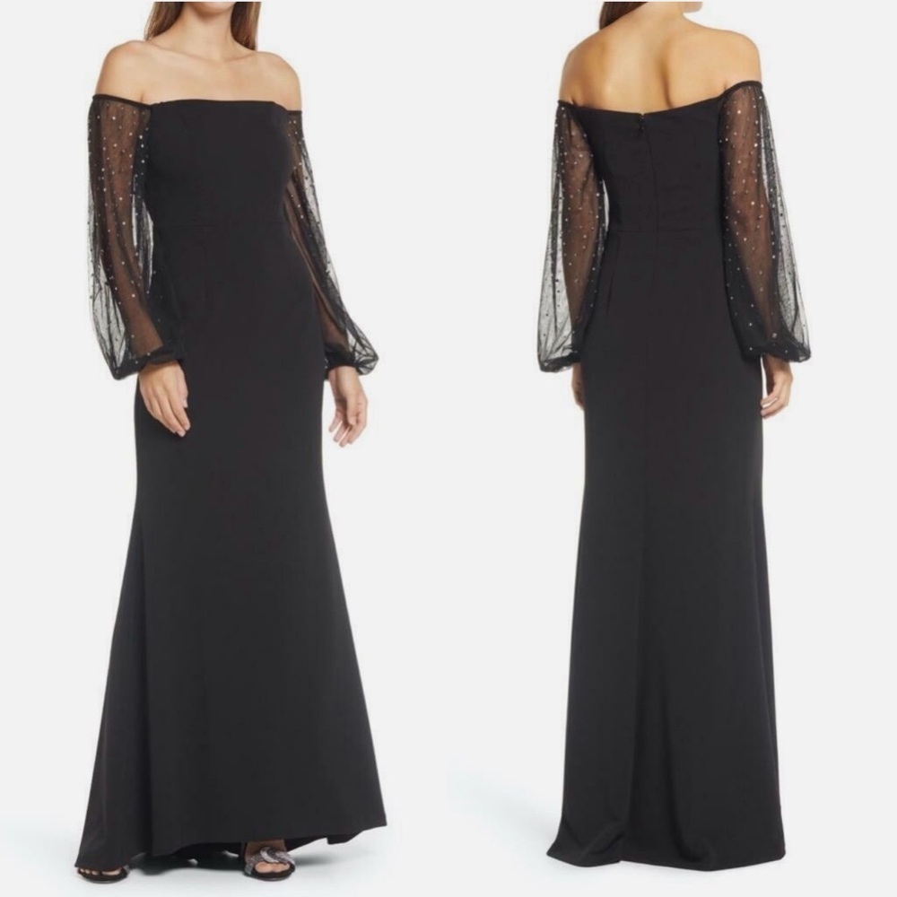 Eliza J Black Strapless Gown with Sheer Sleeves